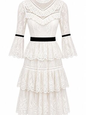 Ivory Lace Tiered Midi Dress with Black Trim